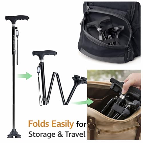 Canne de marche pliable et robuste avec base rotative 360° et lampe LED réglable