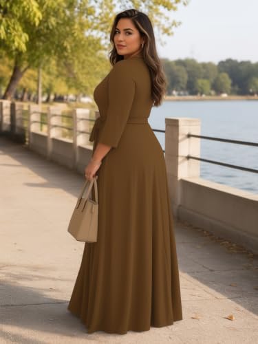 Image of Plus Size Maxi Dress for Women V Neck 3 /4 Sleeve Wrap Dress