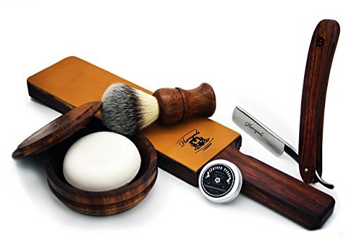 Shaving Brush,Leather Strop, Wooden Bowl,Soap & Leather Strop Paste.