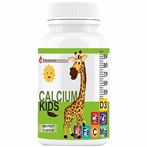Calcium For Kids With Vitamin D3 (Vit d), Magnesium, Zinc, Vitamin C, L lysine Multivitamin Supplement for strong Bone, Teeth, Immunity, Growth & Development- 90 Tablets