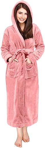 NY Threads Womens Fleece Hooded Bathrobe Plush Long Spa Robe, Large, Coral