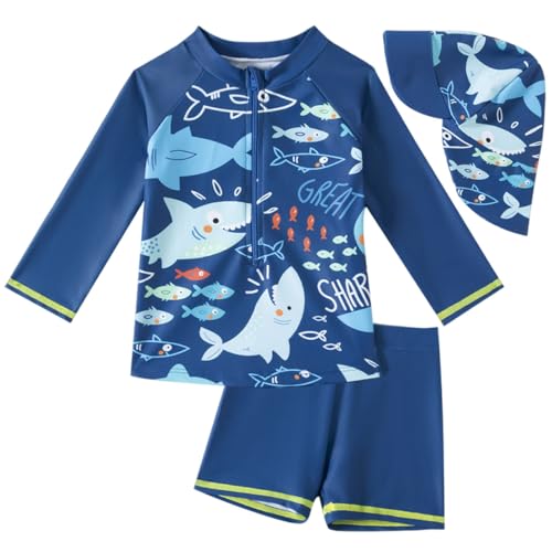 Achiyi Boys Swimsuit Rash Guard Sets Quick Dry Bathing Suits Swimwear Summer Beach Elastic Swim Set with Sun Hat Dark Blue Shark 12-18M