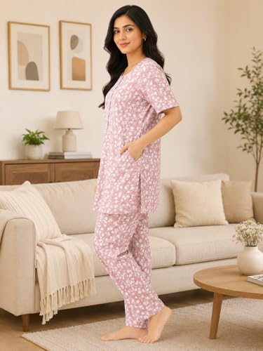 Image of KIAWAH Women Printed Night Suit Set, Cotton Blend Night Suit, A-Line Top and Pajama Set, Soft and Breathable Night Wear