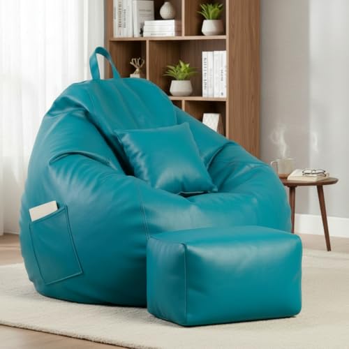 Image of KAM'S LIEU 5XL Luxury Faux Leather Bean Bag with Footrest & Cushion | Pre-Filled High-Density Polystyrene Beans | Premium Leatherette | 6 Months Warranty Color- (Aqua, with Footrest)