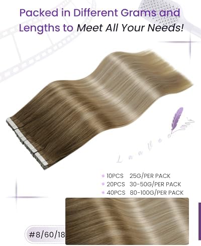 LaaVoo Tape in Extensions Balayage Blonde Human Hair Tape in Hair Extensions Light Brown to Ash Blonde Mix Platinum Blonde Hair Extensions Tape on Real Human Hair 18inch 50g 20pcs — view 3