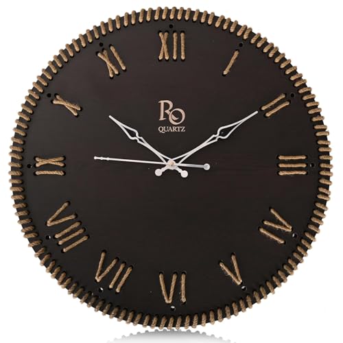 Image of Wooden Round Shape Roman Dial Wall Clock with Golden Jute Detailing and Silver Hands | Silent Quartz Movement Anti Reflection Analog Vintage Clock for Office and Home (Black, 15.5 Inch)