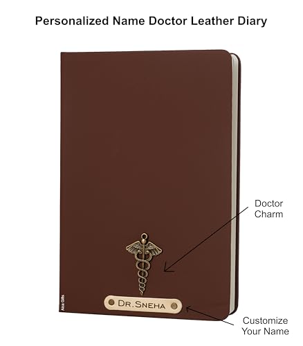 Image of AICA Personalized Name & Charm Doctor Leather Notebook Diary - A5 Size, 180 Ruled Pages (Dark Brown) | Customized Gift for Doctors Retirement Farewell Appraisal Birthday For Men Women Girls Boys