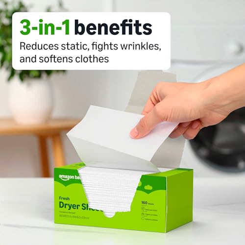 Image of Amazon Basics Dryer Sheets Laundry Fabric Softener, Fresh Scent, Reduces Static, Softens Clothes, Fights Wrinkles, 160 Count