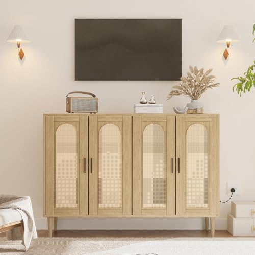 Rattan Buffet Cabinet with Storage,Sideboard Cabinet with 4 Doors and Adjustable Shelves, Console Coffee Bar with Charging Station, Boho Wood Cupboard for Kitchen, Livingroom and Dining Room,Entryway