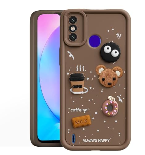 Image of Bintage Cute Fun Ball | Taddy Cartoon 3D Smiley Coffee Cup | Milk Donut | Full Protection Rubber Back Cover Compatible for Tecno KE5K / Spark 6 Go - Brown