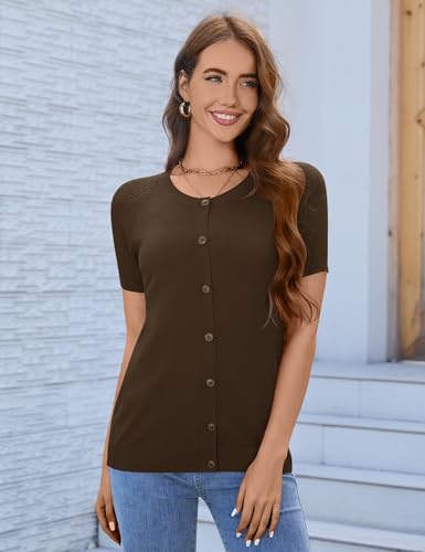 Image of FreshNight Women's 2025 Short Sleeve Cardigan Button Up Hollowed Out Crewneck Shrug Sweaters Knit Sweater Tops Lightweight