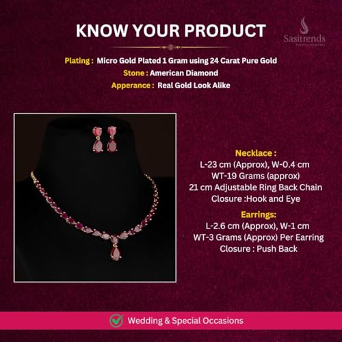 Image of Sasitrends Micro Gold Plated American Diamond Ruby stone Studded Necklace Jewellery Set