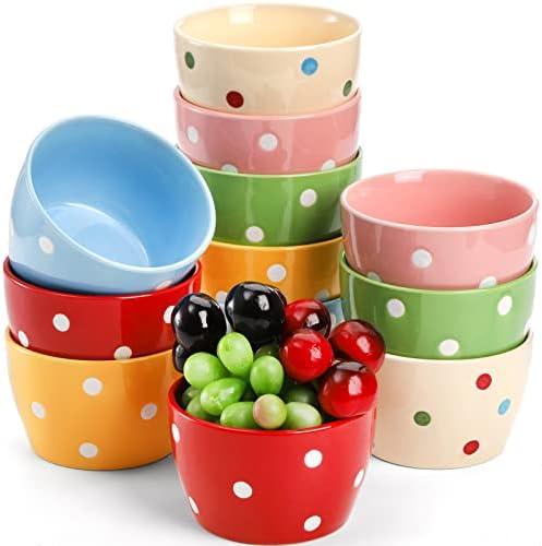 Cedilis 12 Pack Small Porcelain Bowls, 10oz Dessert Bowls, Colorful Ceramic Prep Bowls, Serving Bowl for Side Dishes, Dipping, Snack, Appetizer, Ice Cream, Condiments, Soup, Rice, Microwave Safe
