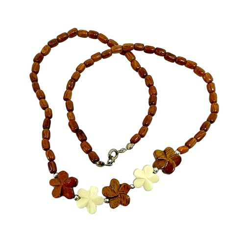 Hawaiian Jewelry Koa Wood and Bone Plumeria Flower Rice Bead Necklace