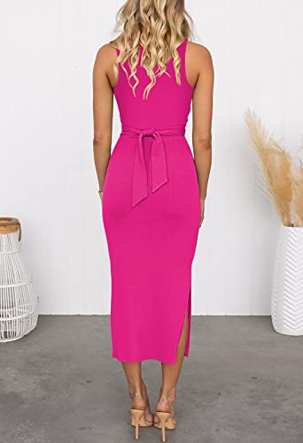 Duigluw Cutout Twist Bodycon Dress Women Summer Sleeveless Ribbed Knit Midi Dresses With Slit Rose Red S #TOP3