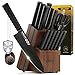 OOU Kitchen Knife Block Set - 15 Pieces High Carbon Stainless Steel Chef Knife Sets, Anti-Rust Black Knives Set with Built-in Sharpener Block, Brown