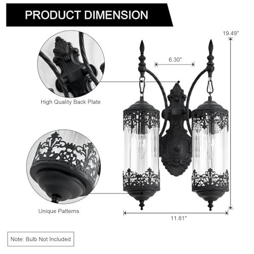 Image of Rustic Glass Wall Sconce Vintage Antique Gothic Wall Light Fixture Retro Farmhouse Mid Centry Lantern Wall Sconce for Bedroom, Living Room, Mirror, Black