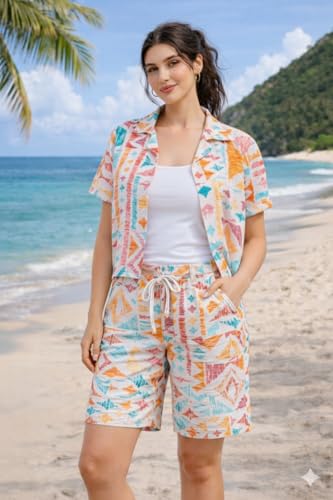 Image of Zilcon Woman Cotton Floral Printed Co-Ord Set - Short Sleeve Shirt with Matching Shorts, Lightweight Breathable Summer Outfit, Beach Vacation Casual Wear