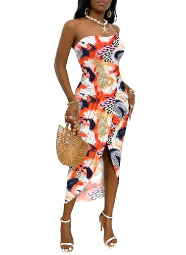 Image of Umenlele Women's Strapless Ruched High Waist Wrap Split Asymmetrical Beach Maxi Long Dress