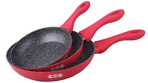 Set de 3 poêles 20/24/28cm Revêtement type pierre, Tous feux dont induction- sans PFOA (Rouge) Cover