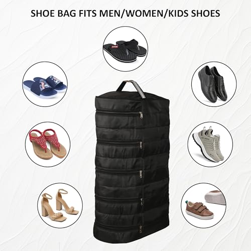Image of Kuber Industries Upto 5 Pair Foldable Shoe Organiser Cover for Travel | Hanging Sandal /Shoes Packing Pouch & Storage Bag with Zip | Black