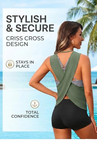 Image of 3 Piece Swimsuits Open Tie Back Tankini Top And Athletic Swim Shorts | Supportive Strappy Swim Bra, Adjustable Straps, Removable Pads, Tummy Control Boyshorts, Quick Dry Fabric, XXS-20 Plus