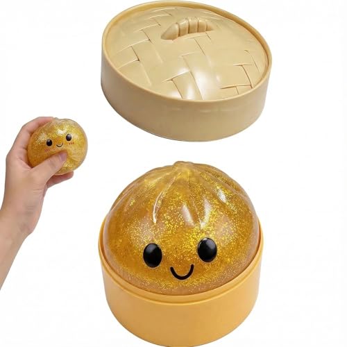 Glitter Dumpling, Glitter Dumpling Squishy with Box, Dumplings Sensory Squeeze Toy for Stress Relief , with Food Steamer Stretchy Desk Toys, Soft Squeeze Decompression Dough (Glitter - Gold)