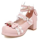 Women Block Heels Ankle Strap Platform Maid Mary Jane Pumps Fashion Sweet Bownot Strawberry Decoration Lace Lolita Princess Single Shoes