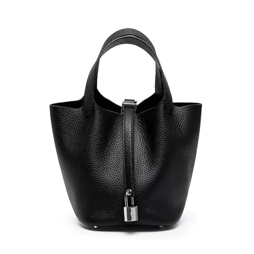Genuine Leather Bucket Bag for Women, Lock Design Handbags Vegetable Basket, Shoulder Handbag Satchel Purses