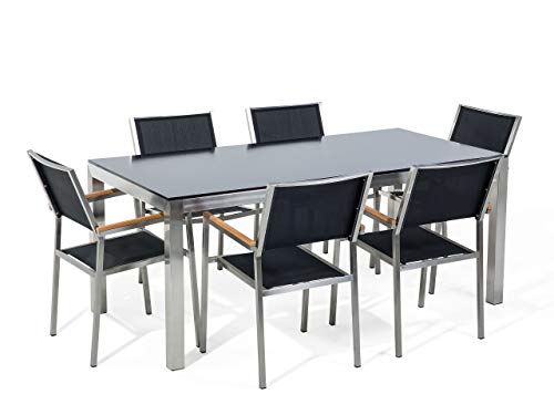 Beliani 6 Seater Garden Dining Set Black Glass Top Black Chairs Steel Frame Grosseto