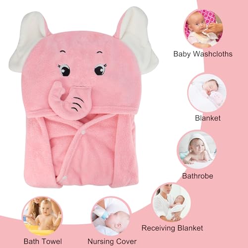 Image of ROMASA Baby Bath Towel Ultra Soft Hooded Towel Highly Absorbent Bathrobe Blanket Toddlers Shower Gifts for Boys Girls-27.5 inch x 55 inch (Pink Elephant)