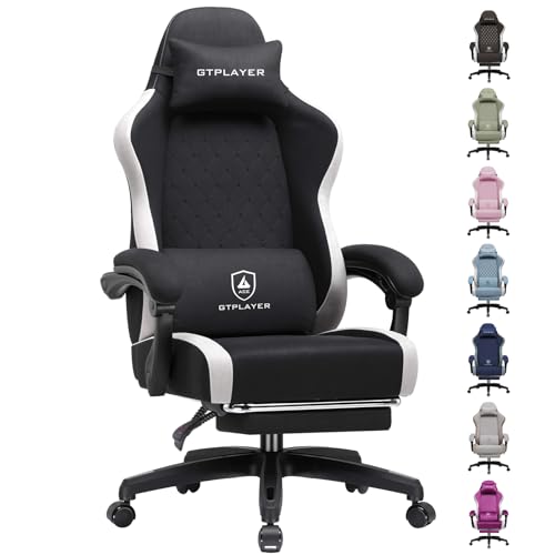 GTPLAYER Gaming Stuhl Ergonomischer, PC Stuhl Atmungsaktiver Stoff, Groß und Hoch Drehbarer Schreibtischstuhl mit Fußstütze,Verstellbare Lendenwirbelstütze und Kopfstütze,Schwarz