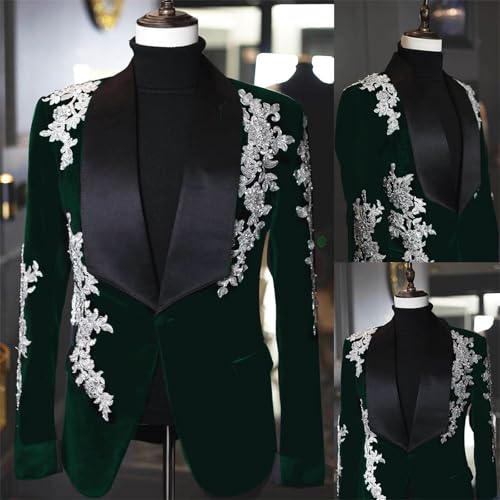 Men's Luxury Velvet Tuxedo with Lace Applique Slim Fit Single Breasted Suit Jacket for Wedding Prom Party Dinner2