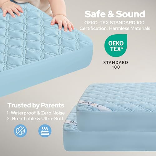 Image of BEDLORE Baby Crib Mattress Protector 2-Pack Waterproof Blue 52 inchx28 inch