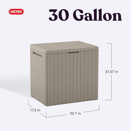 Image of Keter City 30 Gallon Resin Outdoor Storage Box and Patio Furniture Side Table for Pool and Garden Accessories, Beige
