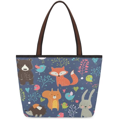 Fox Rabbit Squirrel Tote Bag Multi Pocket Zippered Beach Bag Lightweight Waterproof Handbag for Women Men Work Gym Travel Swimming Yoga Grocery Shopping L