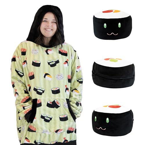 Image of Plushible Wearable Hooded Blanket for Adults, Oversized Hoodie with Sleeves & Pocket, 2-in-1 Comfy Hoodie Blanket Pillow - Sushi