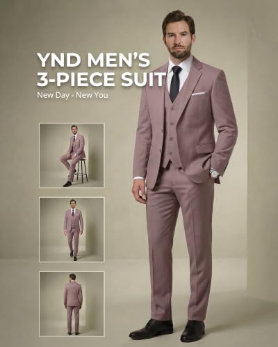 Image of YND Men's 3 Piece Suit with Tie, Solid Color Slim Fit Jacket Vest and Pants