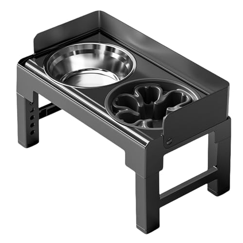 haoyunshengyi ペットボウル 台 お皿 中型犬 大型犬 ペット用品 食器 フードスタンド付き 高度調節4段 早食い防止 滑り止め 給水 給餌容器 取り外し可能 折り畳んで収納 洗いやすい (ブラック,スローフード)
