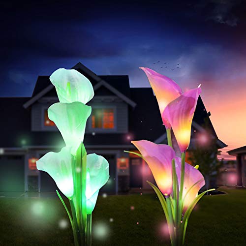 Solar Garden Lights Outdoor, 2 Pack Solar Powered Lights with 8 Lily Flower, Multi-Color Changing LED Solar Stake Lights for Garden, Patio, Backyard (White/Purple)