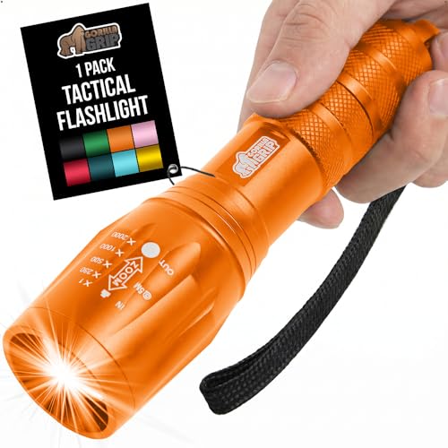 GORILLA GRIP Powerful LED Tactical Flashlight, 750 FT High Lumens 5 Adjustable Modes, Water Resistant, Ultra Bright Zoom Flashlights, Small Mini Flash Light, Camping, Night Dog Walking, Orange