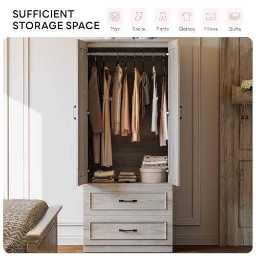 LIKIMIO Armoire Wardrobe Closet with 2 Doors and 2 Drawers 70" H x 28" W Wooden Bedroom Freestanding Wardrobe Combination for Hanging Clothes, Rustic Maple - Image 5