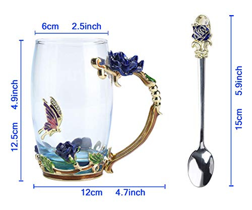 Tea Cup Coffee Mug Cups, Mother's Day Gifts, 13Oz Handmade Rose And Butterfly Tea Mug With Spoon, Unique Gift For Women Mom Grandma Female Friend - Blue Tall #TOP1