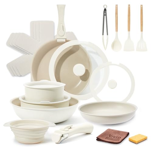 Boryenty Juego de 22 utensilios de cocina de cerámica, mango desmontable, ollas y sartenes antiadherentes para horno/inducción, juego de utensilios de cocina todo en uno, color blanco crema