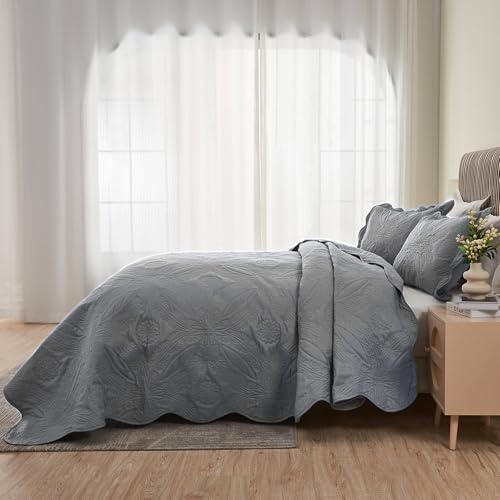 Image of Kingnex Exta Wide Oversized King Bedspreads 128x120 for Tall King or Cal King Bed Ultrasonic Quilted Coverlet Set 3 Piece Include 1 Quilt 2 Pillowcases Grey