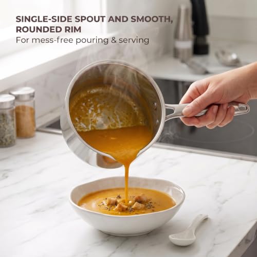 Image of SUNHOUSE 3QT Stainless Steel Saucepan with Pour Spout & Strainer Glass Lid | Tri-Ply Full Clad Stainless Steel Small Sauce Pan for Cooking, Multipurpose Pasta Pot, Dual Pour Spouts, Induction Compatible