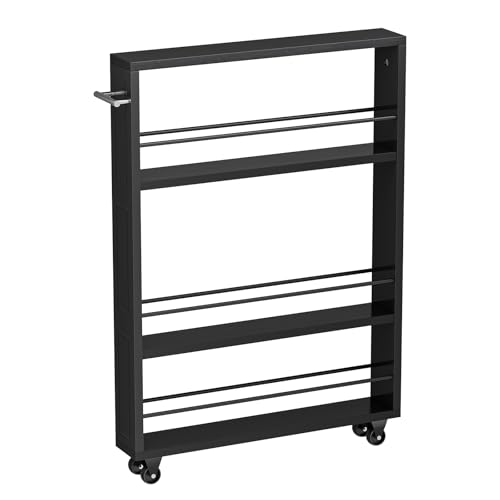 KLM Rolling Storage Cart 4-Tier Black Kitchen Cart with Wheels, Slim Storage Cart with Handle Slide Out Utility Cart Shelving Unit Organizer Trolley for Laundry Narrow Places Bathroom Small Corner - Thumbnail 7