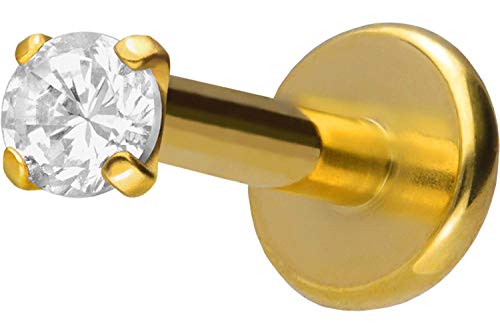 PIERCINGLINE Titan Labret Stecker Gewinde EINGEFASSTER KRISTALL Goldfarben 2,5 x 1,2 x 8 mm Piercing Lippe Nase Ohr
