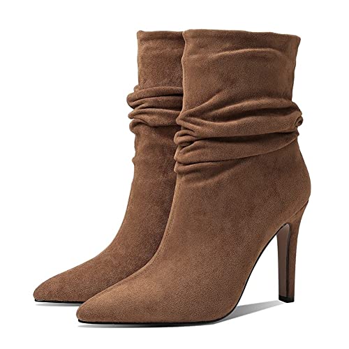 HOTRA Botines de tacón de gatito con picos para mujer, botas Chelsea de gamuza de moda, botas cortas de vestir (color: marrón, tamaño: 9.5-10 EE. UU.)
