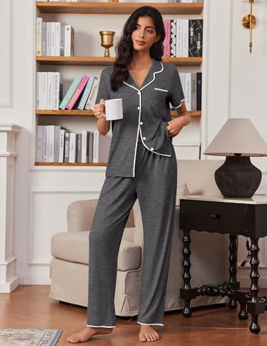 Image of Ekouaer Pajamas for Women Set Button Up Soft Pjs Short Sleeve 2 Piece Lounge Sets Comfy Sleepwear